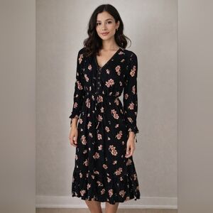 🌸 American Rag Black Floral Boho Midi Dress | Long Sleeve Tie Waist Size M